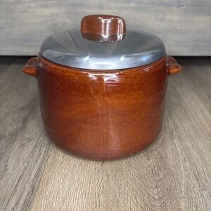 West Bend Bean Pot Stoneware with Metal‎ Lid Brown Glazed 2 QT 1950s USA Vintage